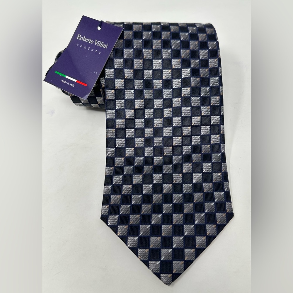 NEW Roberto Villini Couture Men 100% Silk Necktie Geometric Square Black Gray‎